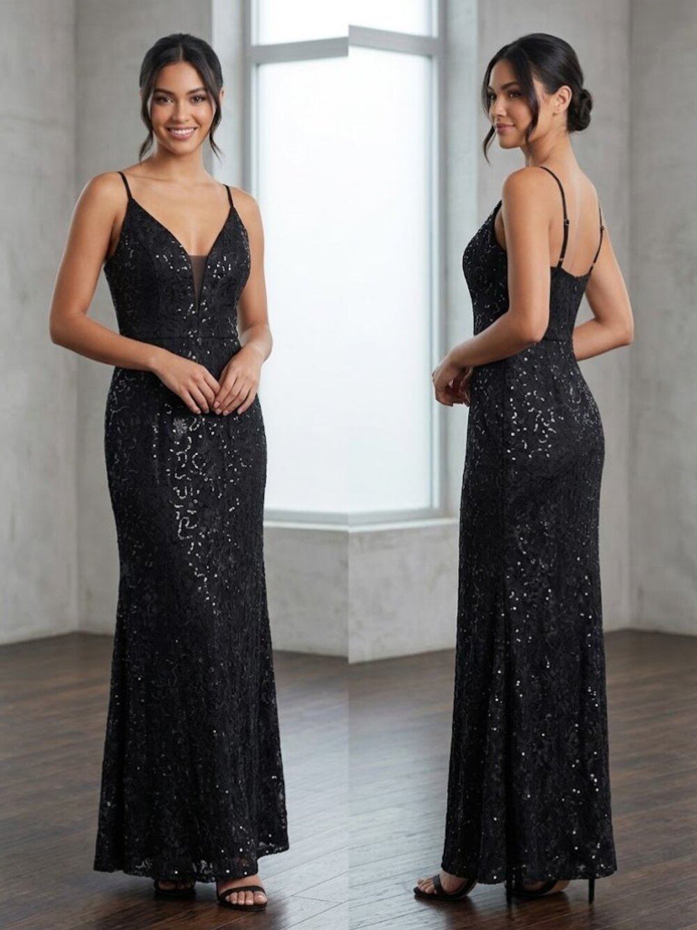 DB Studio Sequined Black Spaghetti Strap Mesh Chest Design Women's Gown Size 10